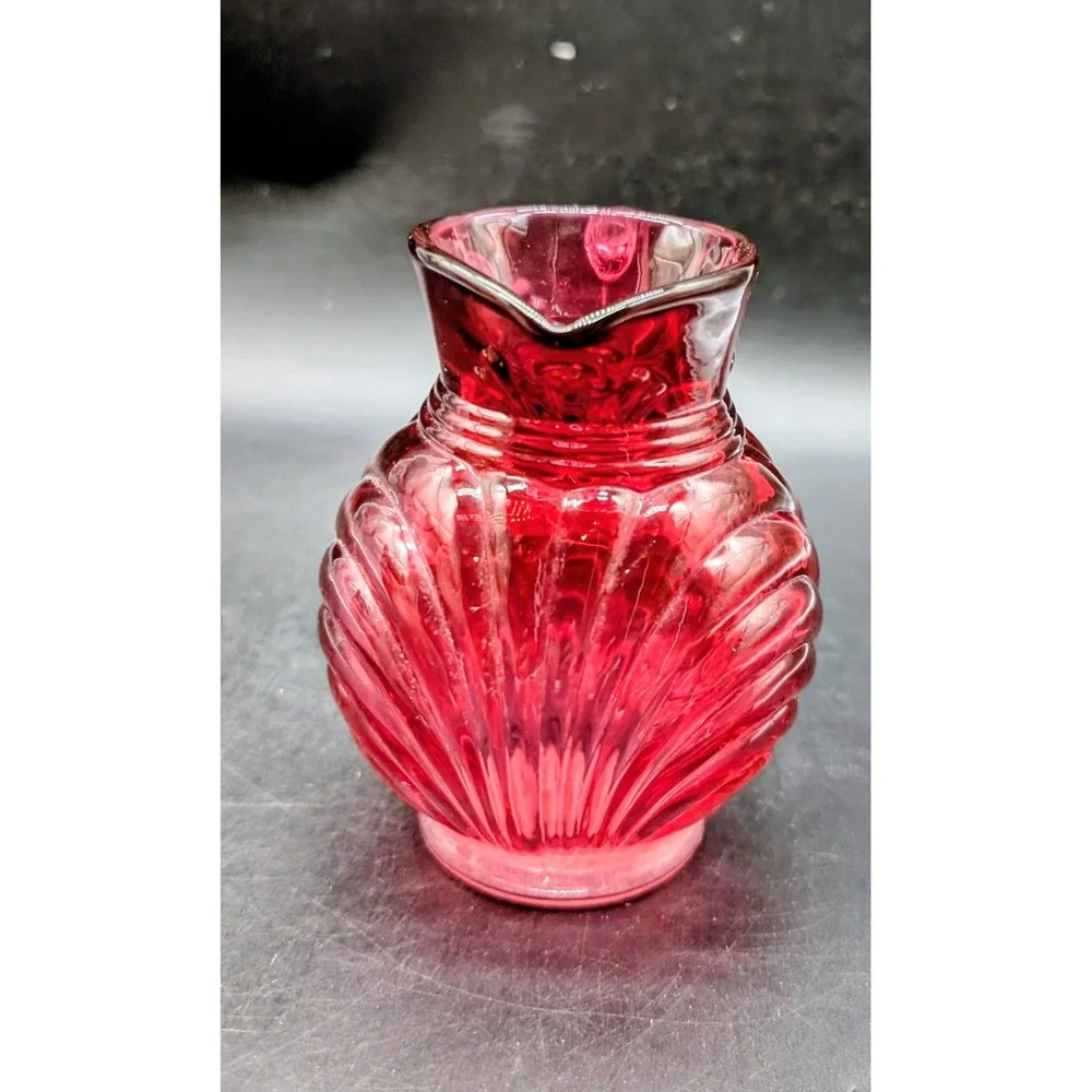 Vintage Fenton Cranberry Glass Swirl Optic Mini Pitcher Applied Handle Ruby Red